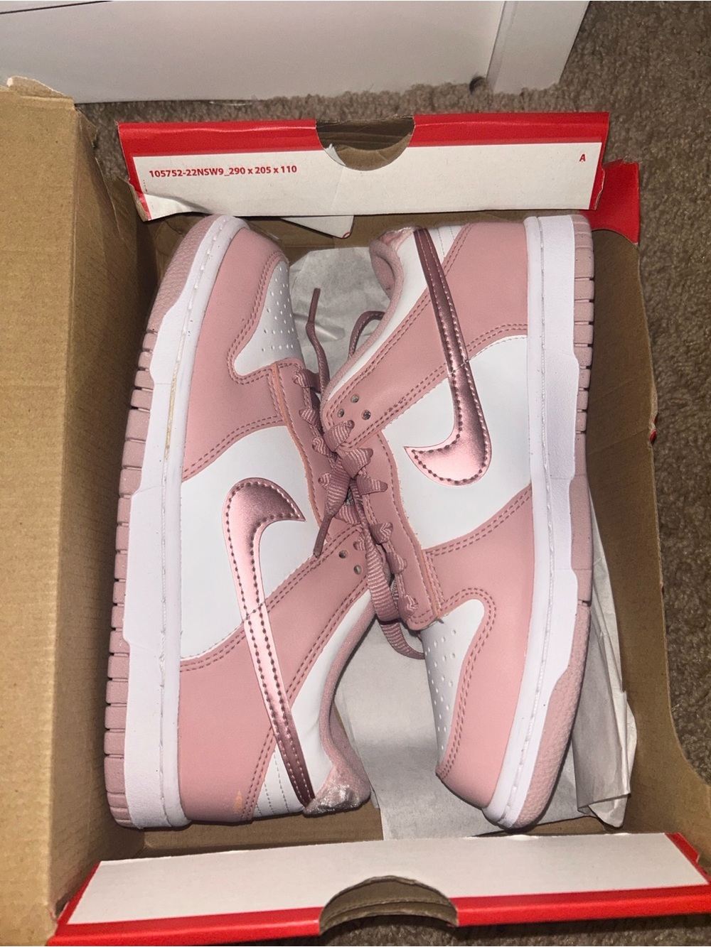 Nike Pink and White Dunk Low with Metallic Swoosh